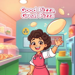 A cartoon-style thumbnail for a gameplay video of the game 'Good Pizza, Great Pizza' featuring a girl with curly hair as the chef