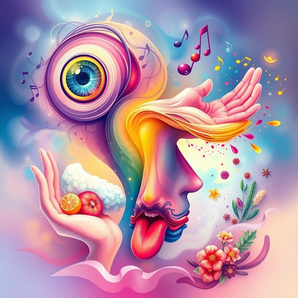 A vibrant and colorful illustration showcasing the five human senses: sight, sound, touch, taste, and smell