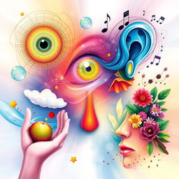 A vibrant and colorful illustration showcasing the five human senses: sight, sound, touch, taste, and smell