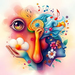 A vibrant and colorful illustration showcasing the five human senses: sight, sound, touch, taste, and smell