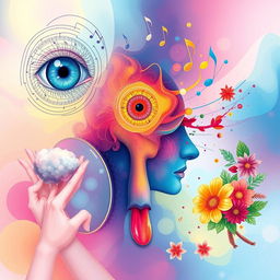 A vibrant and colorful illustration showcasing the five human senses: sight, sound, touch, taste, and smell