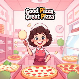 A cartoon-style thumbnail for a gameplay video of the game 'Good Pizza, Great Pizza' featuring a girl with curly hair as the chef