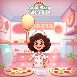 A cartoon-style thumbnail for a gameplay video of the game 'Good Pizza, Great Pizza' featuring a girl with curly hair as the chef