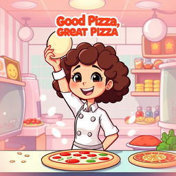 A cartoon-style thumbnail for a gameplay video of the game 'Good Pizza, Great Pizza' featuring a girl with curly hair as the chef