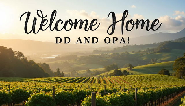 A wide poster featuring a big title that reads "Welcome Home" prominently displayed in an elegant font