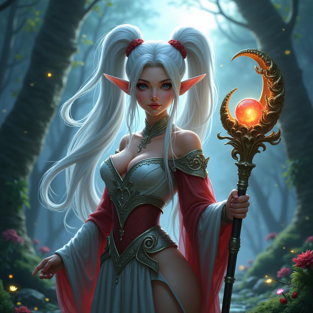 A stunning fantasy elf with white hair styled in twin tails, holding a majestic crescent moon staff adorned with a glowing red orb