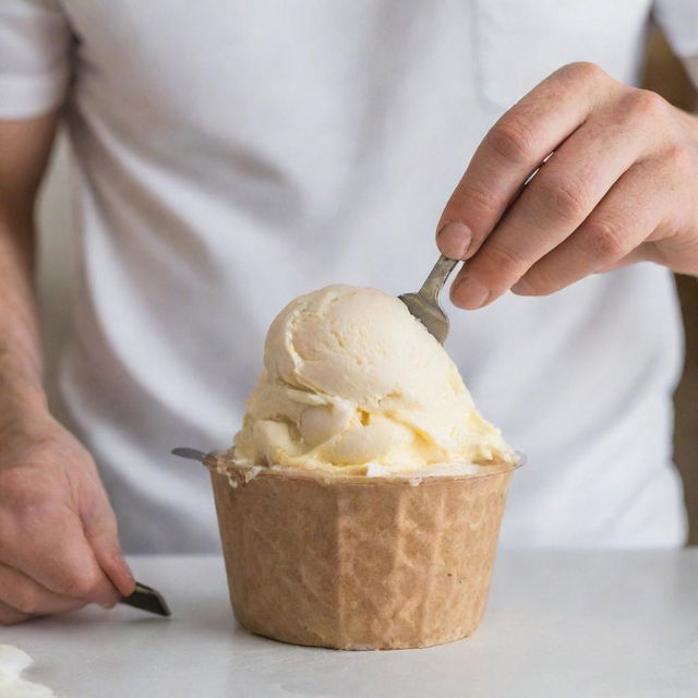 A man scooping ice cream with a utensil