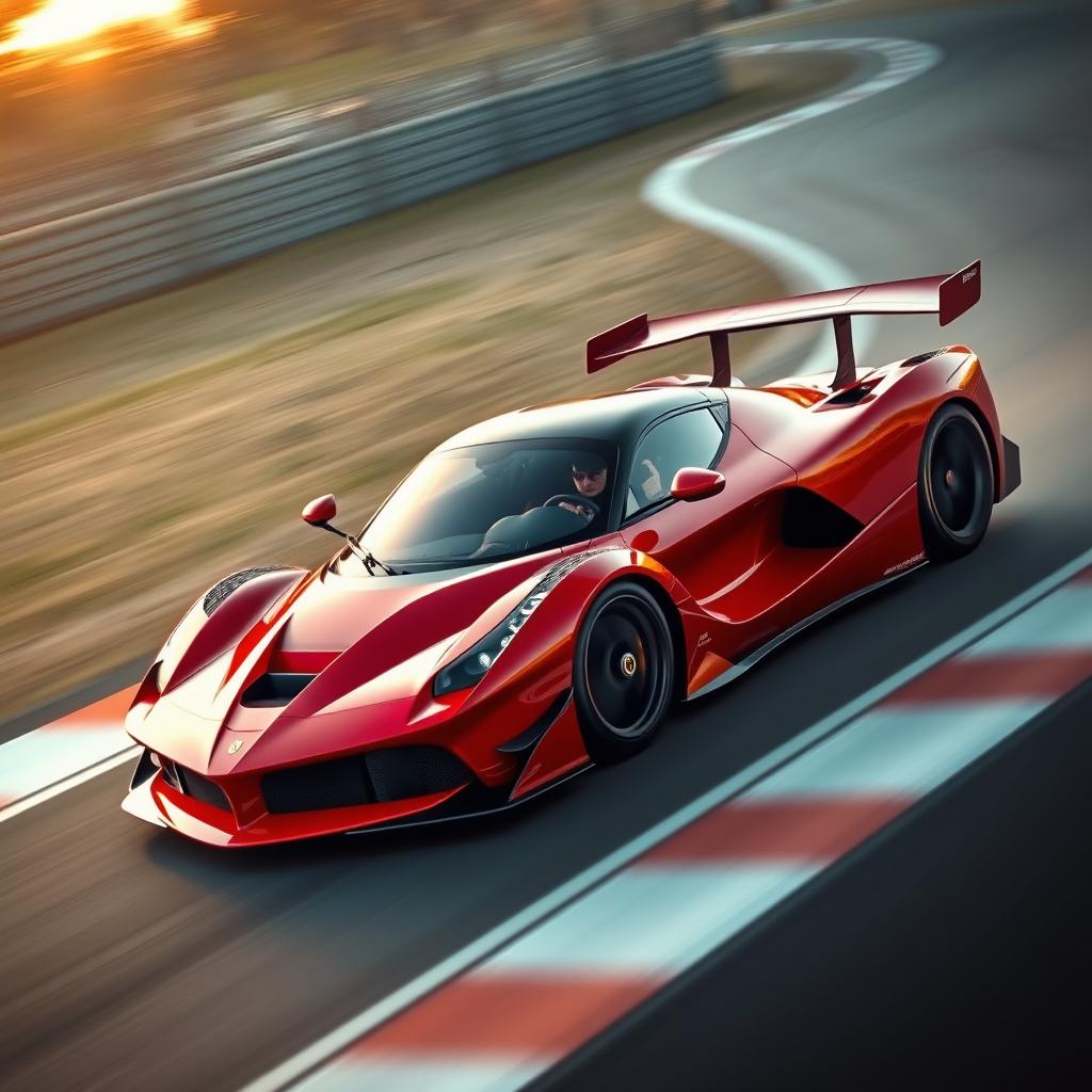 A LaFerrari sports car equipped with extremely aggressive aerodynamic parts, racing fiercely on a professional track