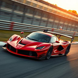 A LaFerrari sports car equipped with extremely aggressive aerodynamic parts, racing fiercely on a professional track