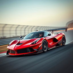 A LaFerrari sports car equipped with extremely aggressive aerodynamic parts, racing fiercely on a professional track