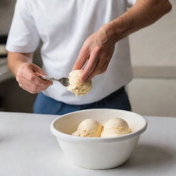 A man scooping ice cream with a utensil