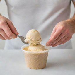 A man scooping ice cream with a utensil