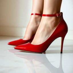 A pair of sexy high heels, elegantly designed with a glossy red patent finish