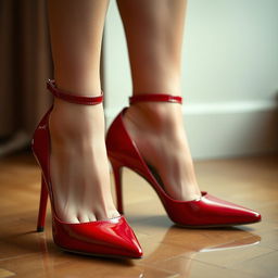 A pair of sexy high heels, elegantly designed with a glossy red patent finish