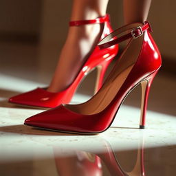 A pair of sexy high heels, elegantly designed with a glossy red patent finish