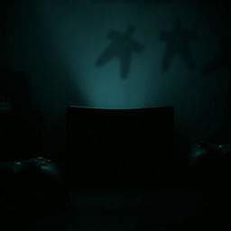 A mysterious and dramatic composition featuring a classic Xbox 360 console set in a dimly lit, secretive gaming room