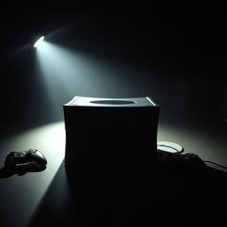 A mysterious and dramatic composition featuring a classic Xbox 360 console set in a dimly lit, secretive gaming room