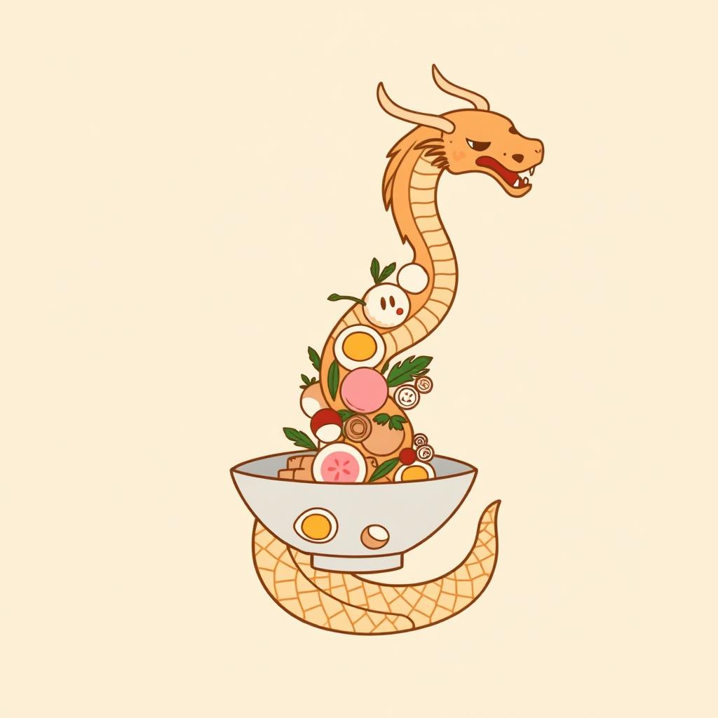 A simple illustration of a naga oden, depicting a fusion of a mythical naga and traditional Japanese oden dish