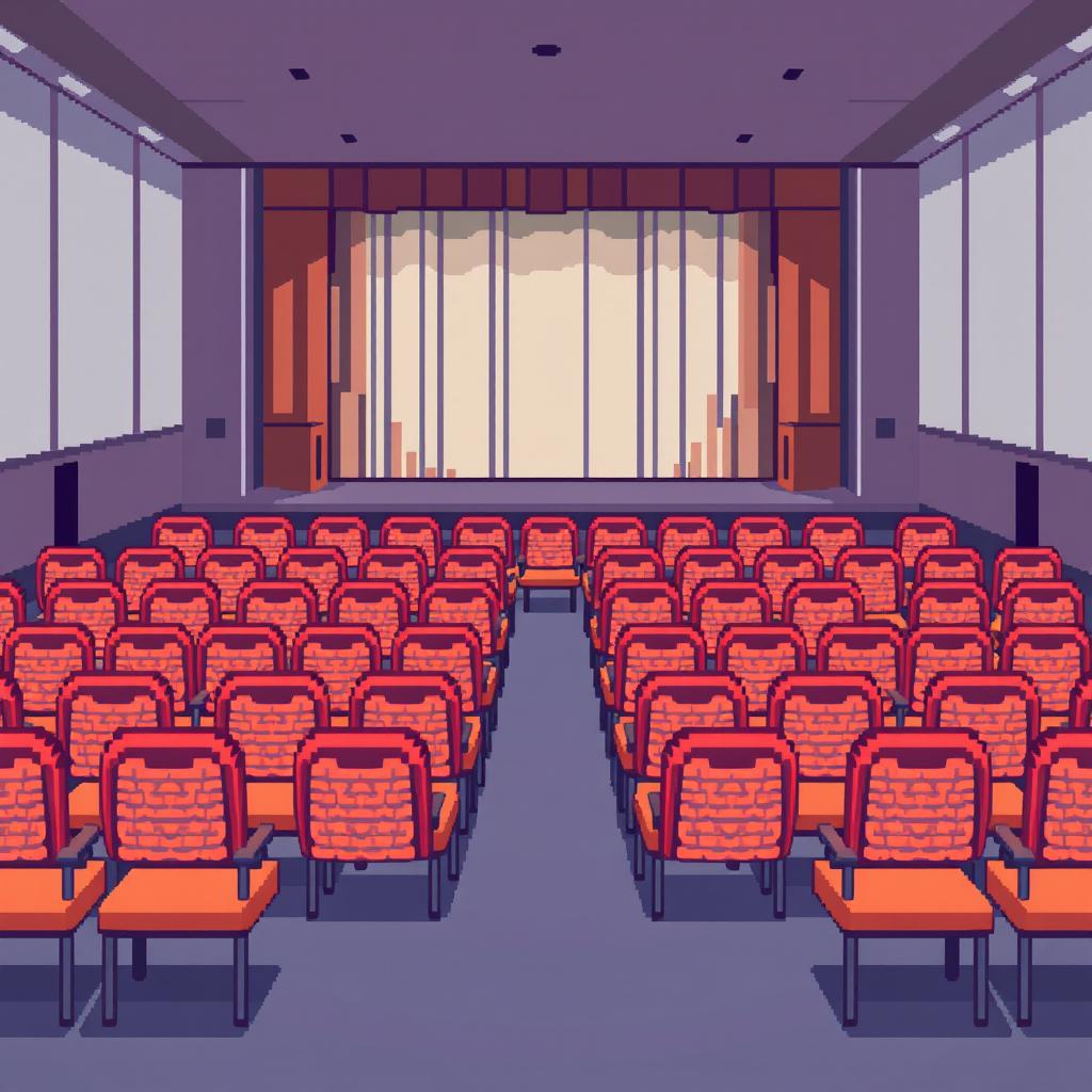 An auditorium setting depicted in pixel art style, featuring rows of neatly arranged chairs facing a stage