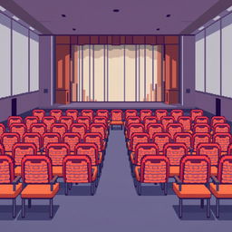 An auditorium setting depicted in pixel art style, featuring rows of neatly arranged chairs facing a stage