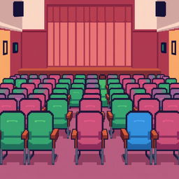 An auditorium setting depicted in pixel art style, featuring rows of neatly arranged chairs facing a stage