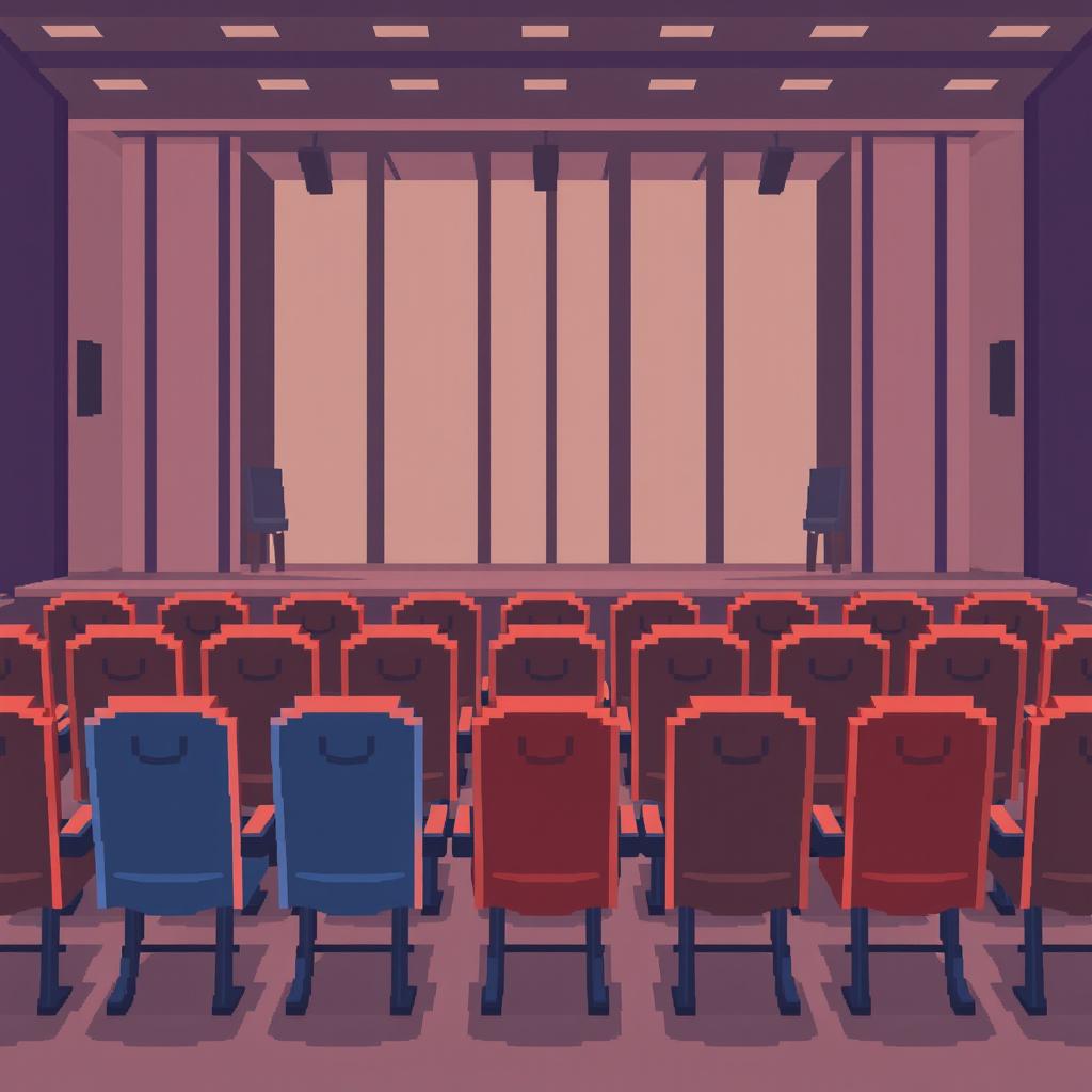 An auditorium setting depicted in pixel art style, featuring rows of neatly arranged chairs facing a stage