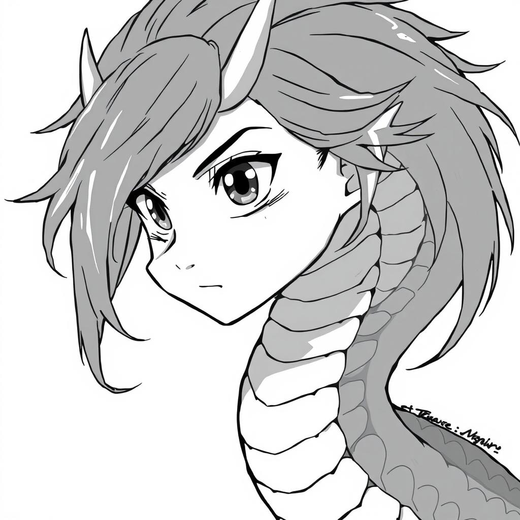 A monochromatic anime-style portrayal of a naga, with a striking blend of human and serpent features