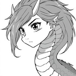 A monochromatic anime-style portrayal of a naga, with a striking blend of human and serpent features