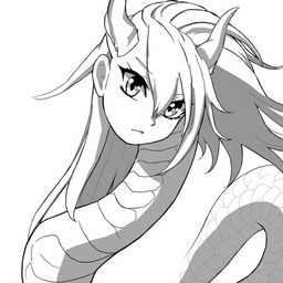 A monochromatic anime-style portrayal of a naga, with a striking blend of human and serpent features