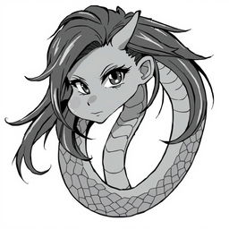 A monochromatic anime-style portrayal of a naga, with a striking blend of human and serpent features