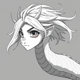 A monochromatic anime-style portrayal of a naga, with a striking blend of human and serpent features