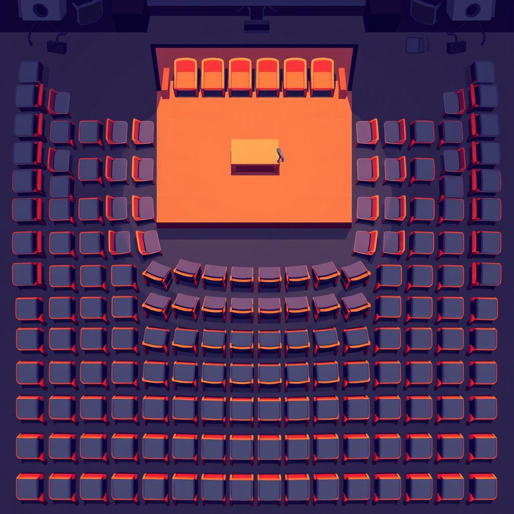 A top-down view of an auditorium setting depicted in pixel art style, showcasing rows of neatly arranged chairs in a symmetrical pattern