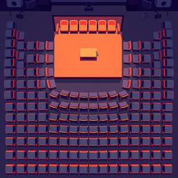 A top-down view of an auditorium setting depicted in pixel art style, showcasing rows of neatly arranged chairs in a symmetrical pattern