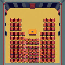 A top-down view of an auditorium setting depicted in pixel art style, showcasing rows of neatly arranged chairs in a symmetrical pattern