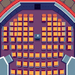 A top-down view of an auditorium setting depicted in pixel art style, showcasing rows of neatly arranged chairs in a symmetrical pattern