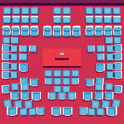 A top-down view of an auditorium setting depicted in pixel art style, showcasing rows of neatly arranged chairs in a symmetrical pattern