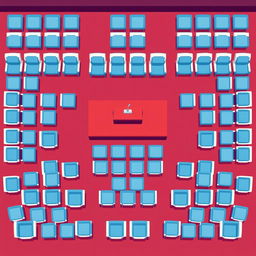 A top-down view of an auditorium setting depicted in pixel art style, showcasing rows of neatly arranged chairs in a symmetrical pattern