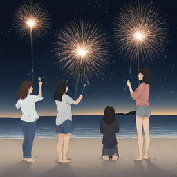 A Manhwa style image of two adult women and two adult men joyfully playing with fireworks on a beach against a dark nighttime backdrop.