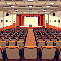 An auditorium setting depicted in 3/4 view pixel art style, showcasing rows of neatly arranged chairs with a slight angle to add depth