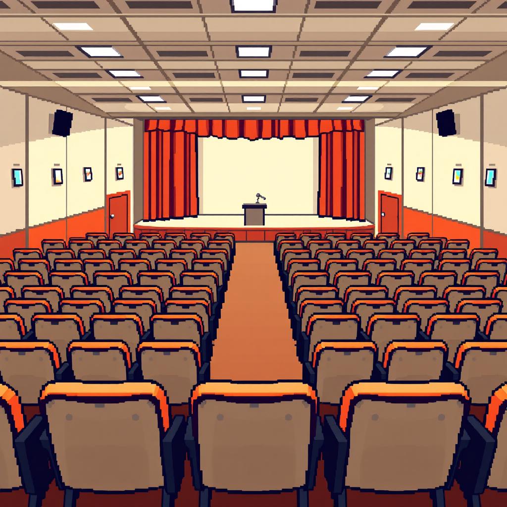 An auditorium setting depicted in 3/4 view pixel art style, showcasing rows of neatly arranged chairs with a slight angle to add depth