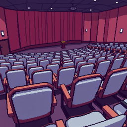 An auditorium setting depicted in 3/4 view pixel art style, showcasing rows of neatly arranged chairs with a slight angle to add depth