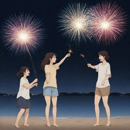 A Manhwa style image of two adult women and two adult men joyfully playing with fireworks on a beach against a dark nighttime backdrop.