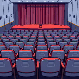 An auditorium setting depicted in 3/4 view pixel art style, showcasing rows of neatly arranged chairs with a slight angle to add depth