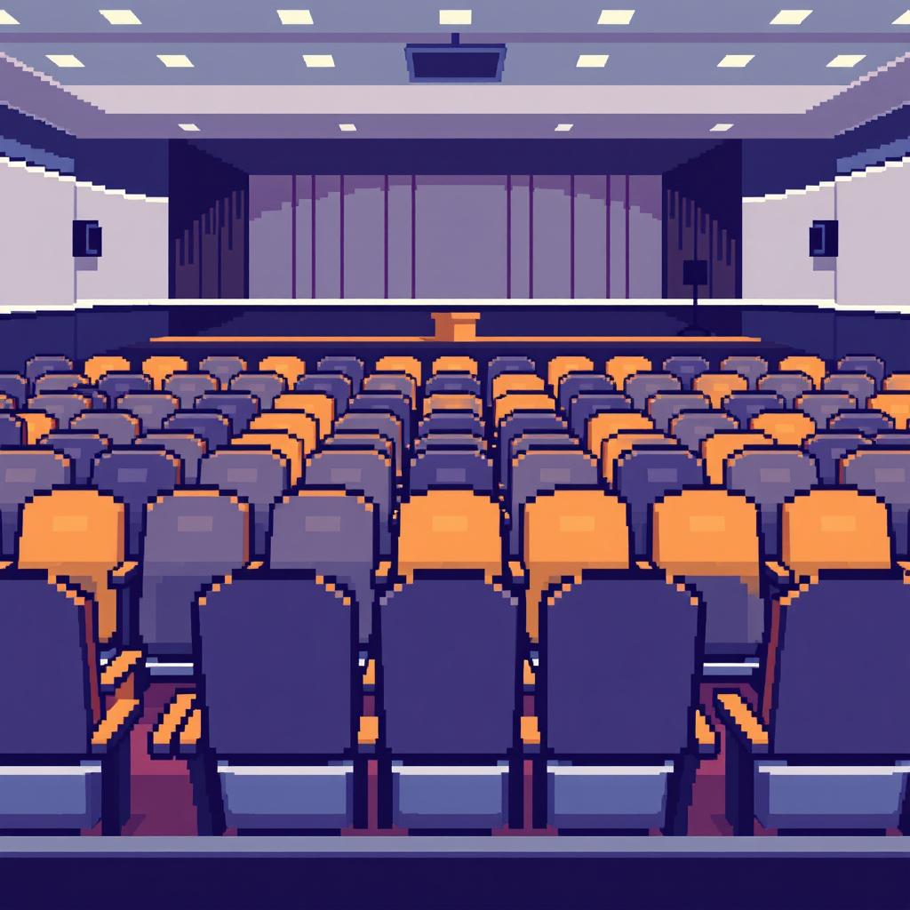 An auditorium setting depicted in 3/4 view pixel art style, showcasing rows of neatly arranged chairs with a slight angle to add depth