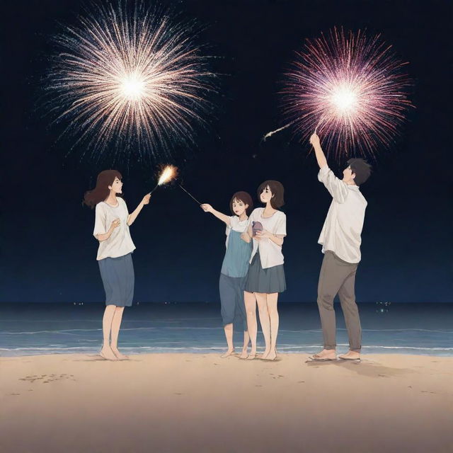 A Manhwa style image of two adult women and two adult men joyfully playing with fireworks on a beach against a dark nighttime backdrop.