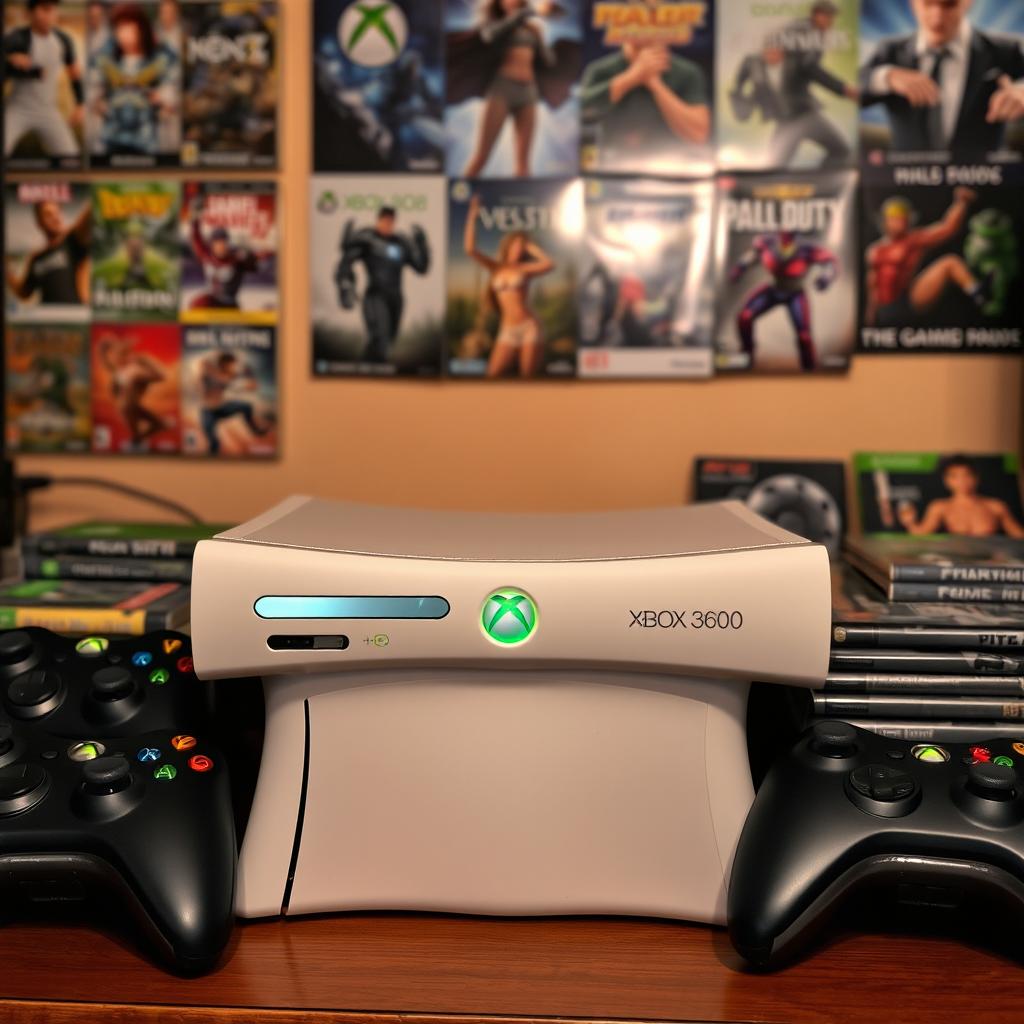 A classic Xbox 360 console prominently displayed in a gaming setup