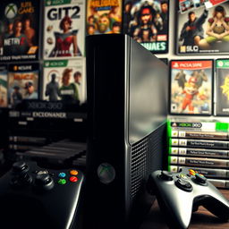 A classic Xbox 360 console prominently displayed in a gaming setup