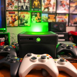 A classic Xbox 360 console prominently displayed in a gaming setup