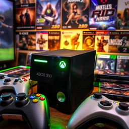 A classic Xbox 360 console prominently displayed in a gaming setup