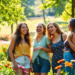 A depiction of a group of young women in a lively and cheerful setting, enjoying a day out in a scenic park